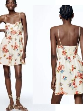 Zara Sold Out Juli Dress. Cream Floral Spaghetti-Strap Mini Dress